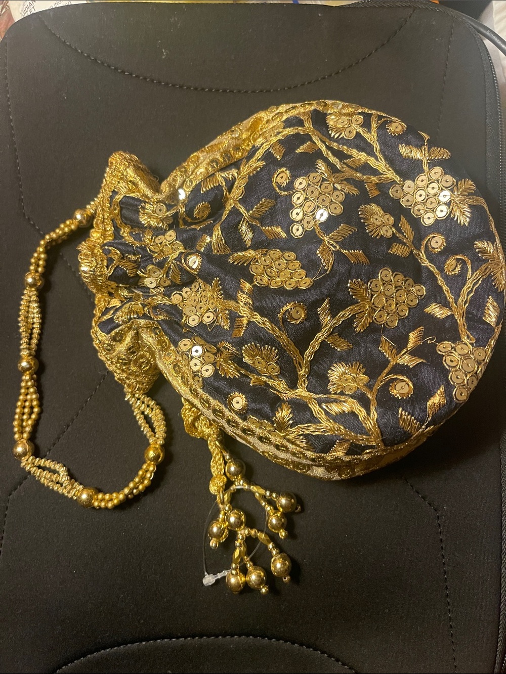 Embroidered Navy and Gold Drawstring Potli Bag